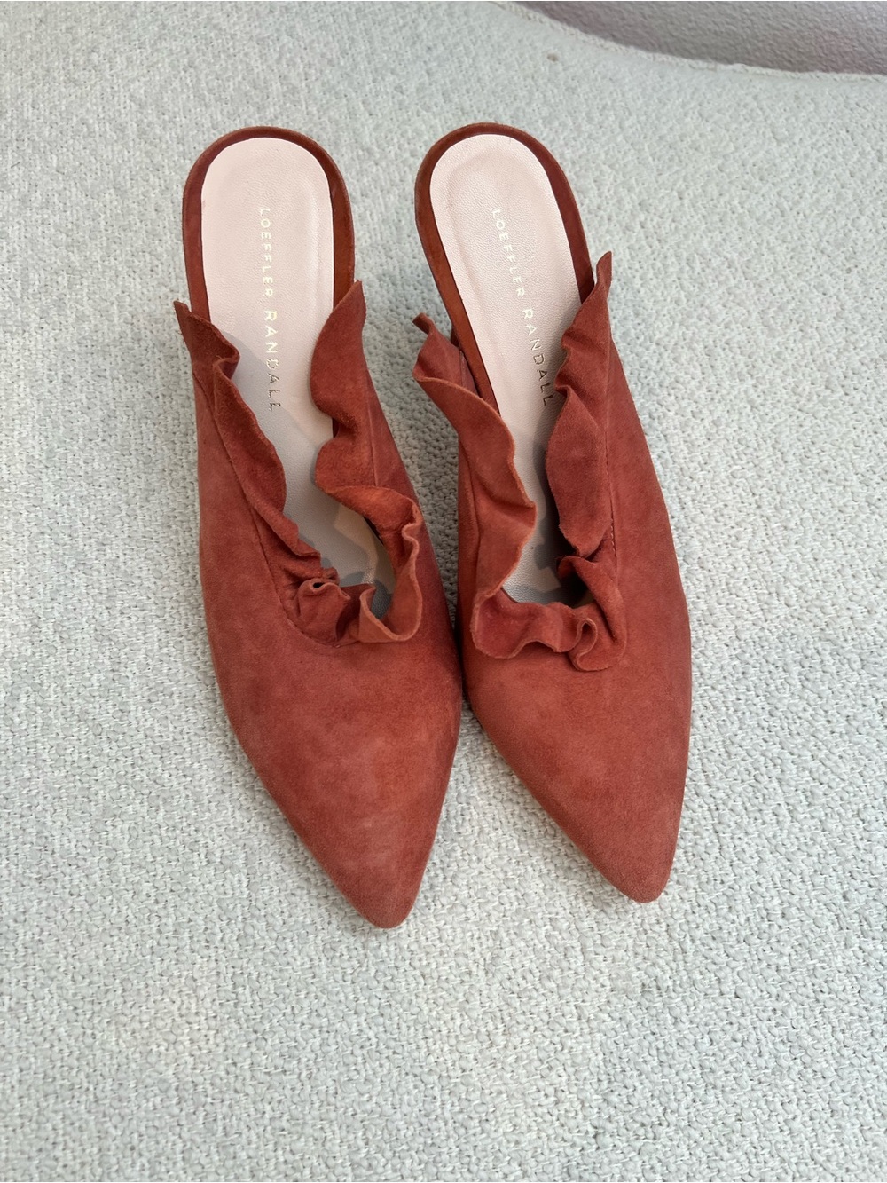 Loeffler Randall Ruffled Pointed Suede Mule in Rust